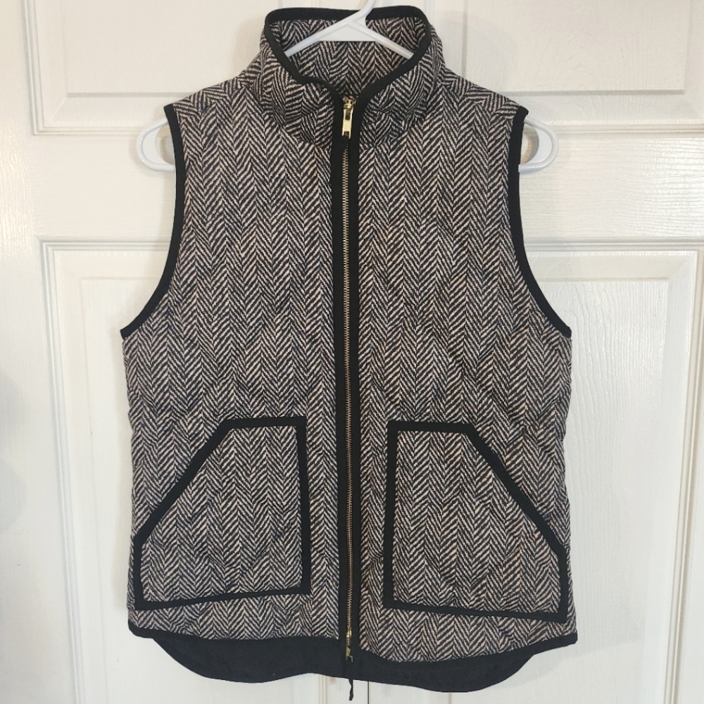 J.Crew Herringbone Design Quilted Down Puffer Vest Black/Cream NWOT Wms Sz XS